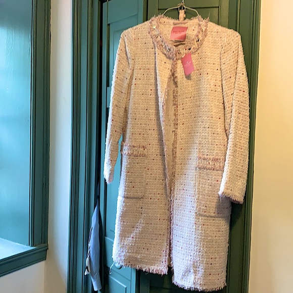 Kate Spade size 4 Pink Tweed and Fringe Long Coat